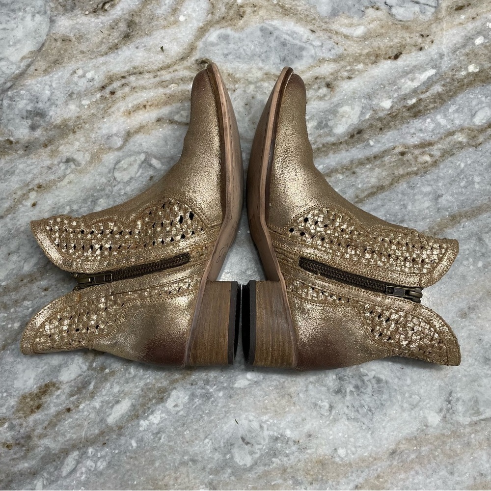 Seychelles, Flip a Coin Gold Suede Cowboy Bootie Distressed Leather - Picture 6 of 11